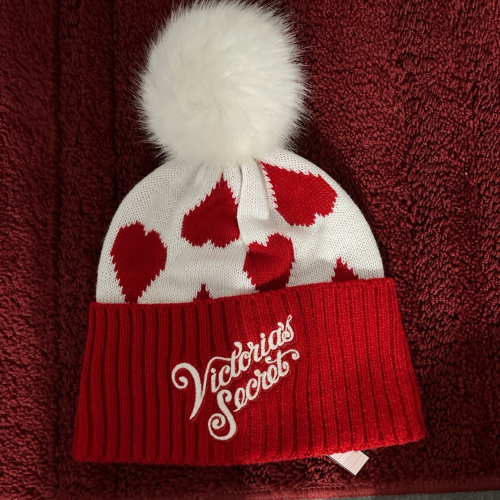 Victoria's Secret Heart Beanie with Pom-Pom